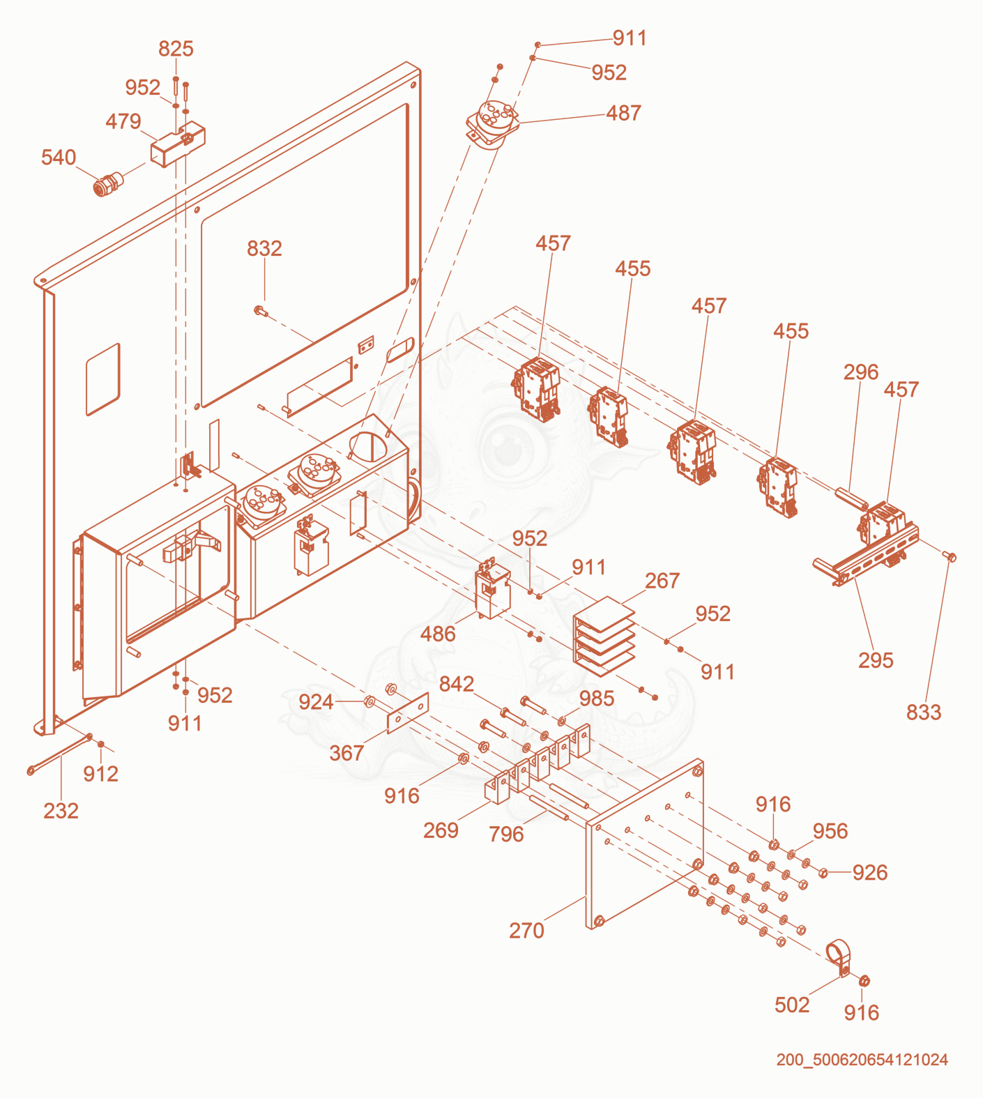 Exploded parts diagram of the Lugs/Breakers/Receptacles of a Wacker Neuson G100, with numbered balloons