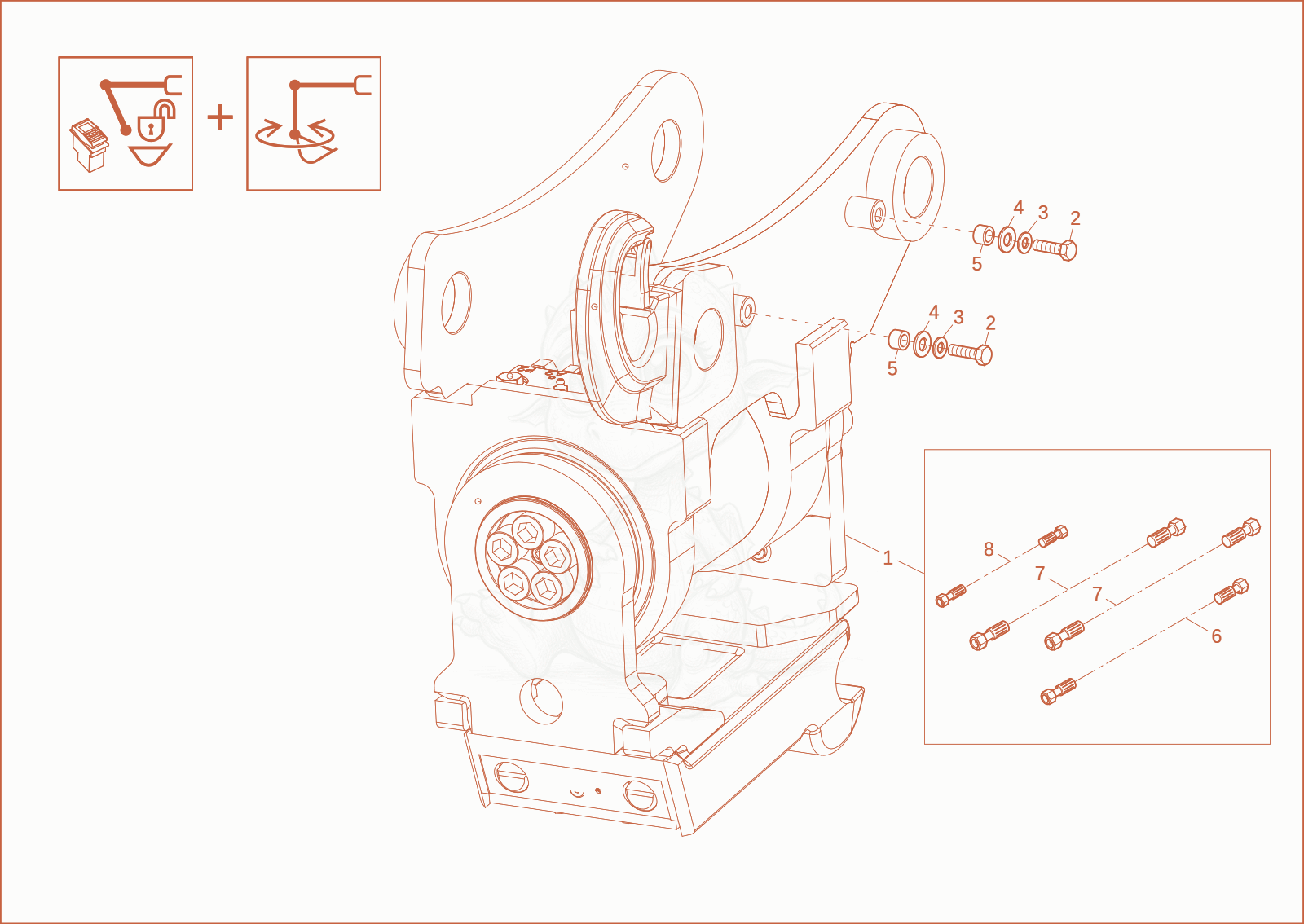 Exploded parts diagram of the quick hitch (option) of a Wacker Neuson ET65, with numbered balloons