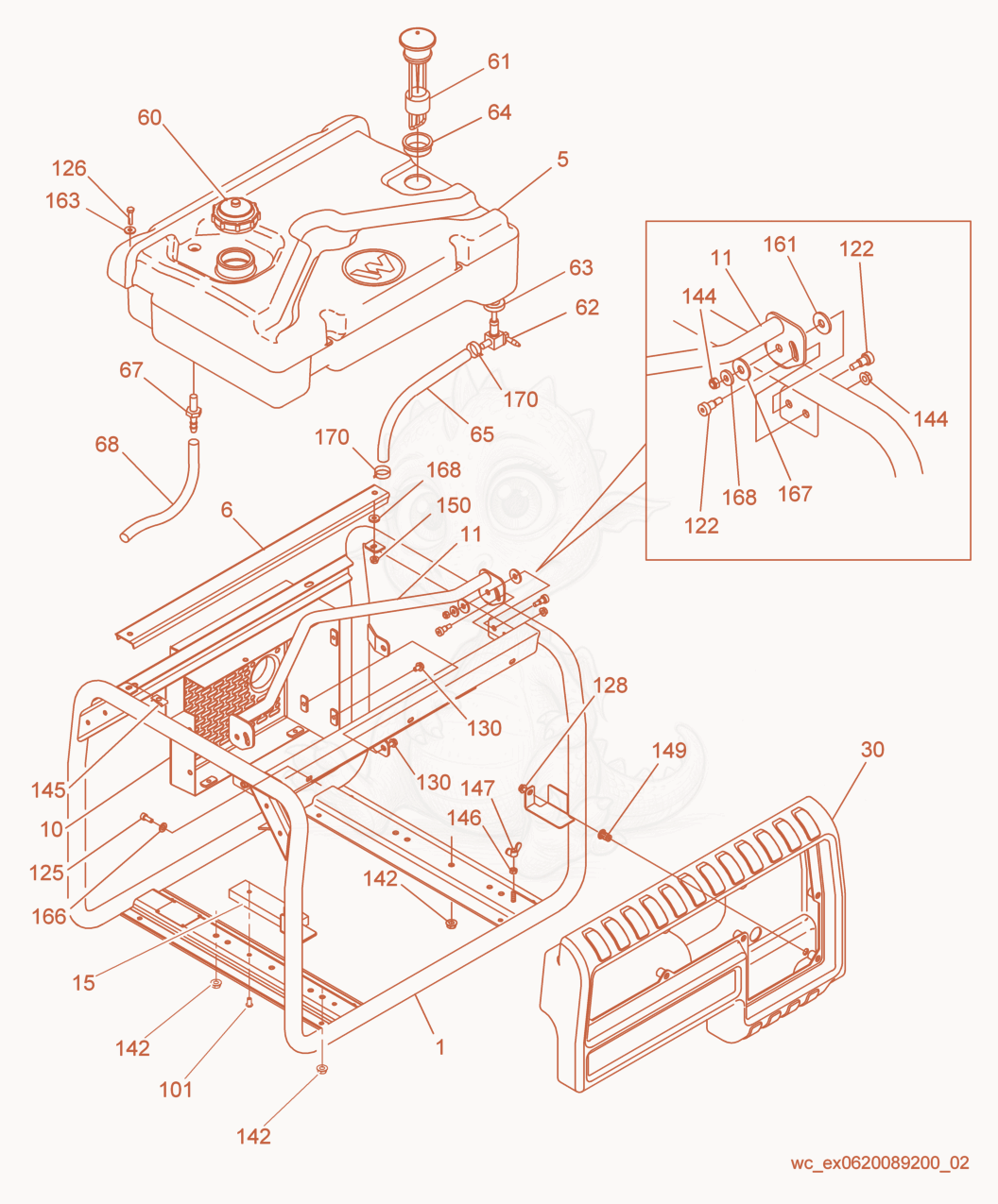 Exploded parts diagram of the Fuel Tank/Control Box/Frame of a Wacker Neuson GP4000, with numbered balloons