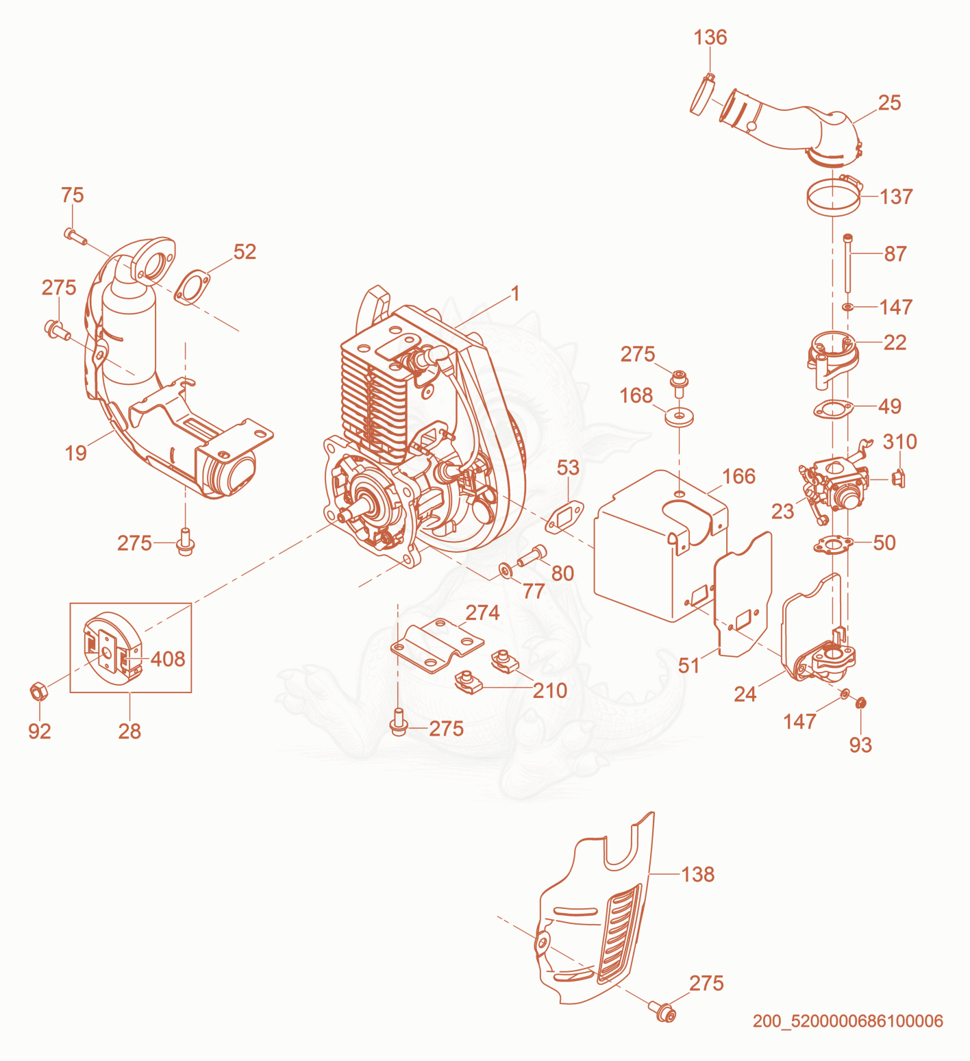 Exploded parts diagram of the Engine cpl. of a Wacker Neuson BS50-2, with numbered balloons