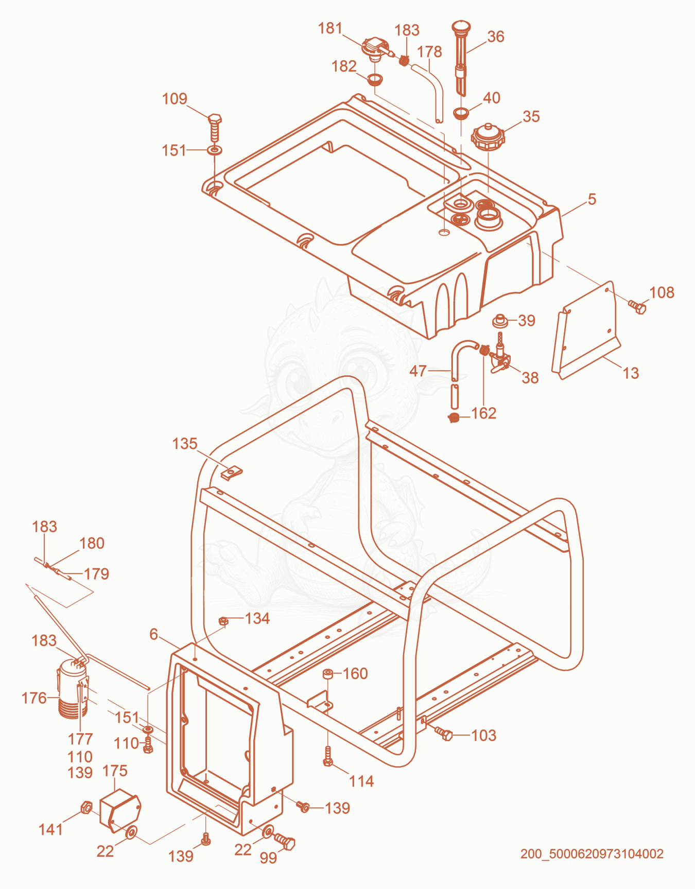 Exploded parts diagram of the Fuel Tank/Control Box of a Wacker Neuson GPS9700, with numbered balloons