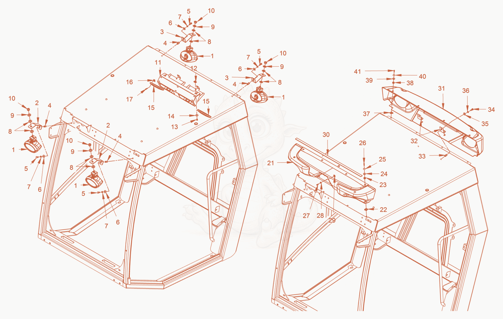 Exploded parts diagram of the driver's cabin of a Wacker Neuson RC110P, with numbered balloons