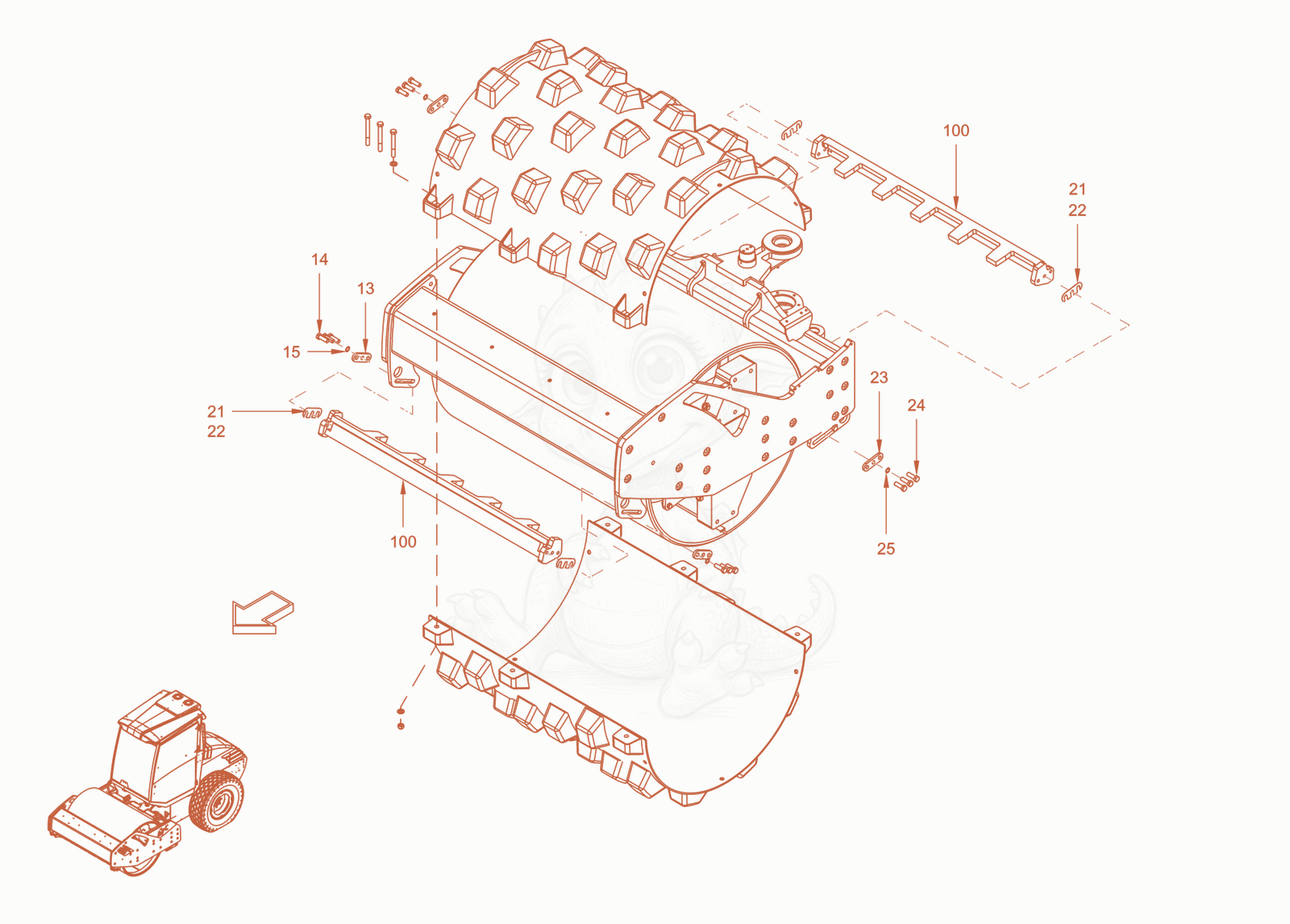 Exploded parts diagram of the scraper padfoot drum of a Wacker Neuson RC50PDPFCAB, with numbered balloons
