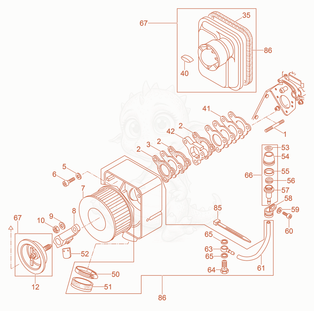 Despiece del Air Cleaner de una máquina Wacker Neuson DPU6555HECUS, con globos numerados