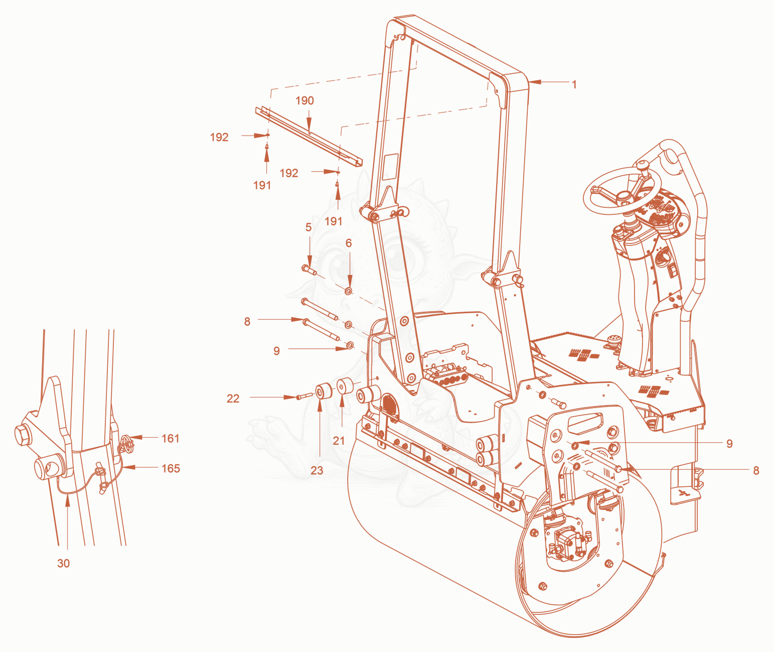 Exploded parts diagram of the foldable roll over protection of a Wacker Neuson RD27-120C, with numbered balloons
