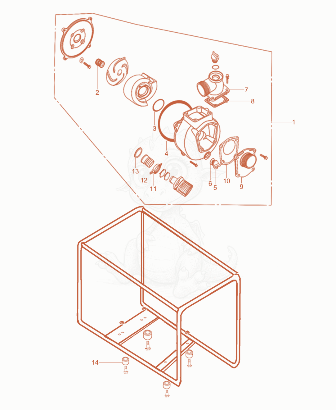 Exploded parts diagram of the Water Pump cpl. of a Wacker Neuson MCP2-CE, with numbered balloons
