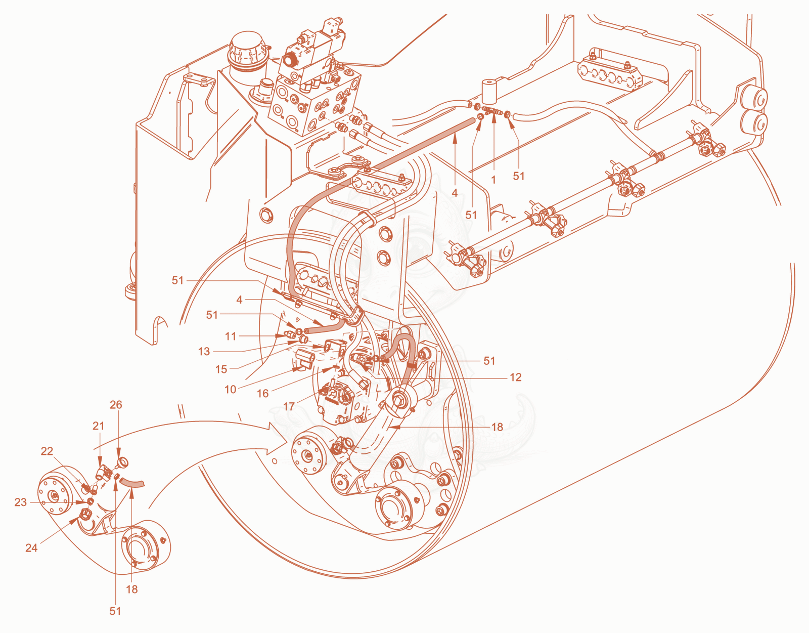 Exploded parts diagram of the sprinkling of a Wacker Neuson RD40-130C.3, with numbered balloons
