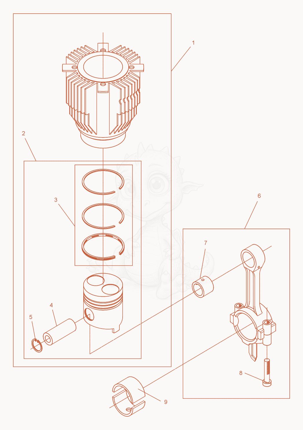Exploded parts diagram of the Cylinder with Piston of a Wacker Neuson DPS3060, with numbered balloons
