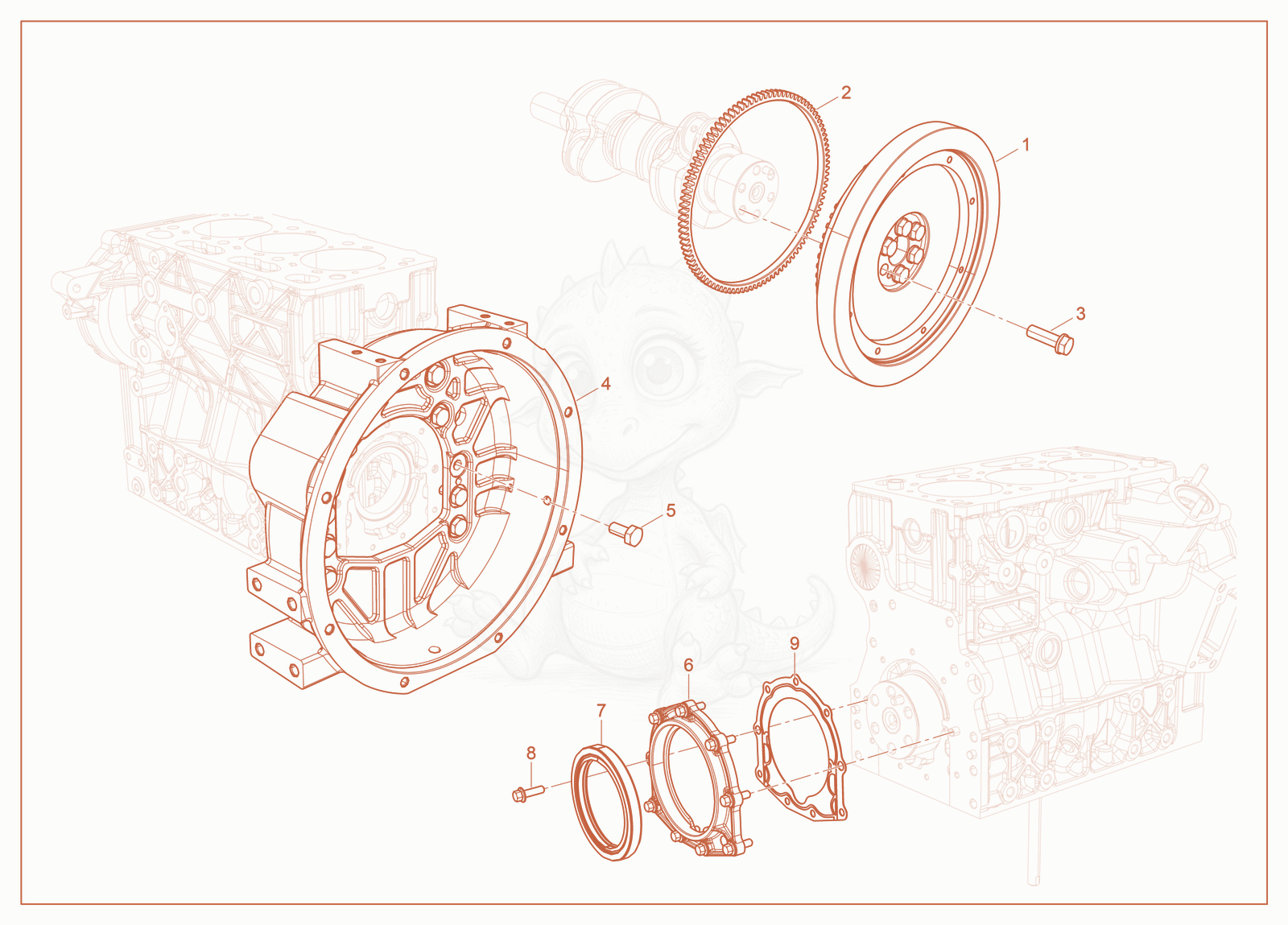 Despiece del Flywheel de una máquina Wacker Neuson LTG14, con globos numerados
