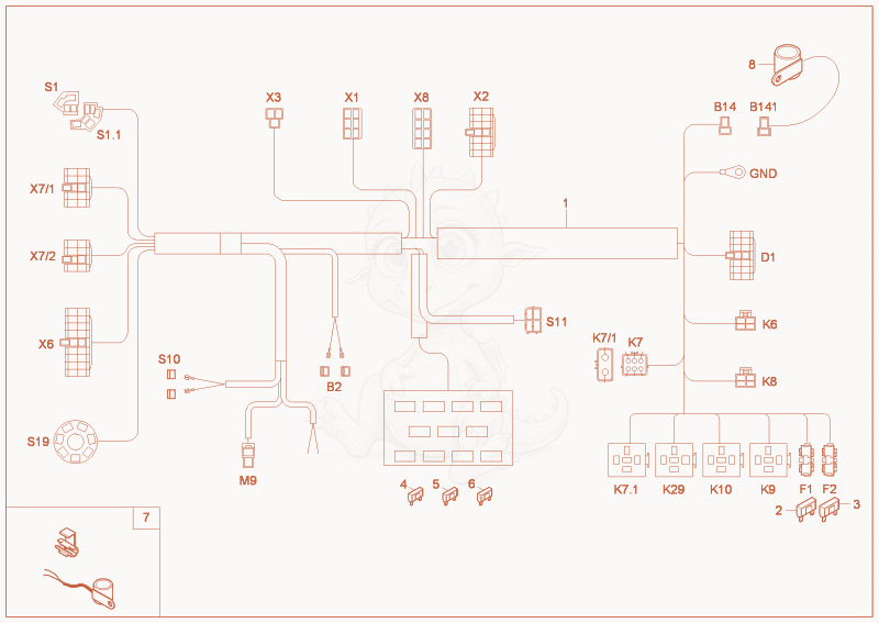 Exploded parts diagram of the main harness of a Wacker Neuson 3501AB, with numbered balloons