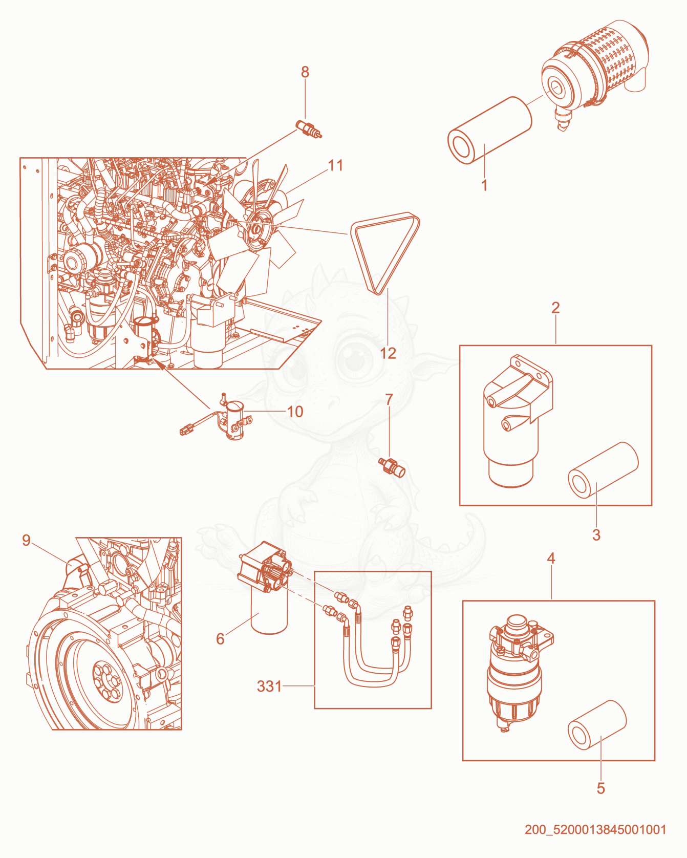 Exploded parts diagram of the Engine Service Parts of a Wacker Neuson G50, with numbered balloons