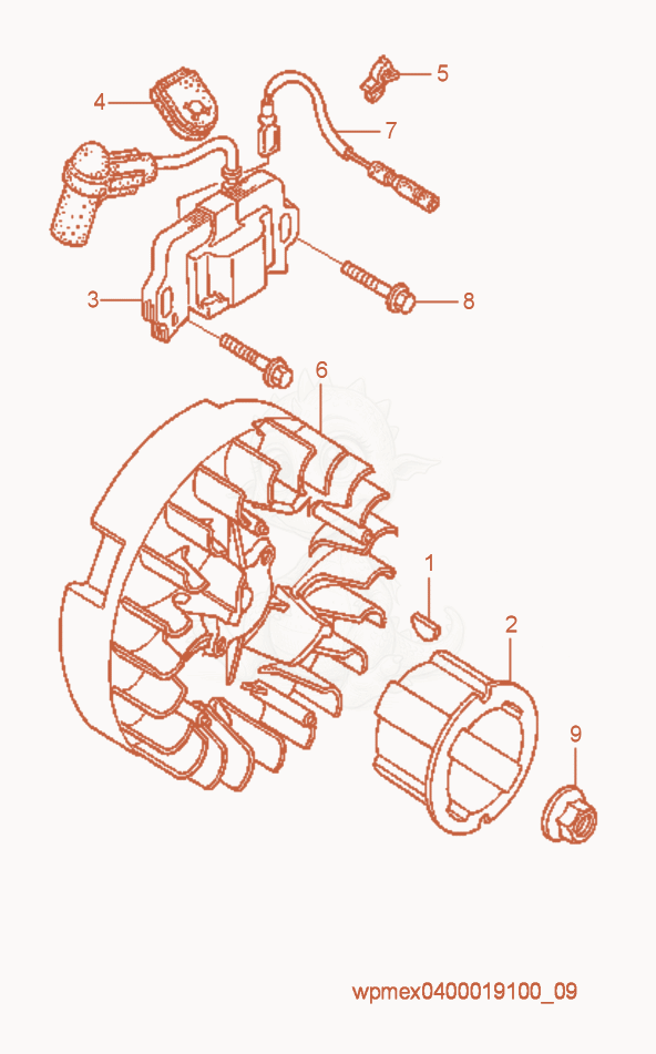 Despiece del Flywheel/Ignition Coil de una máquina Wacker Neuson WP1030AW, con globos numerados