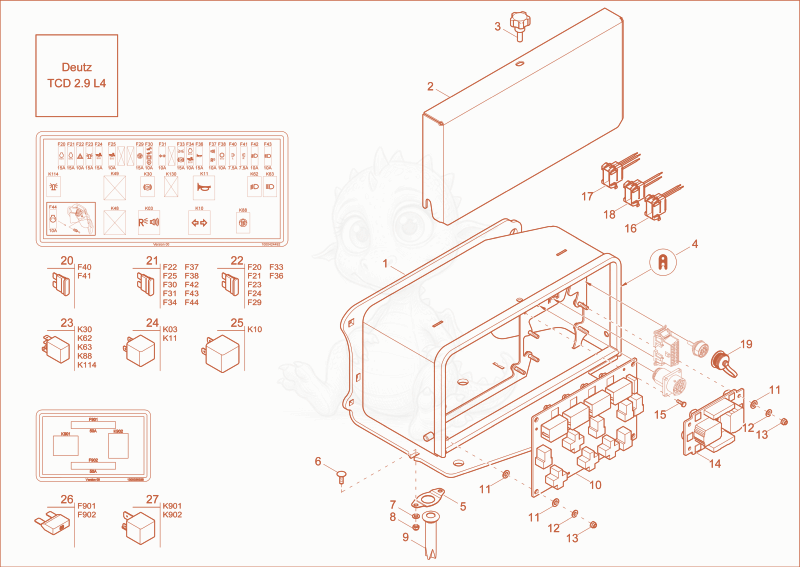 Despiece del relay case option de una máquina Wacker Neuson DW50, con globos numerados