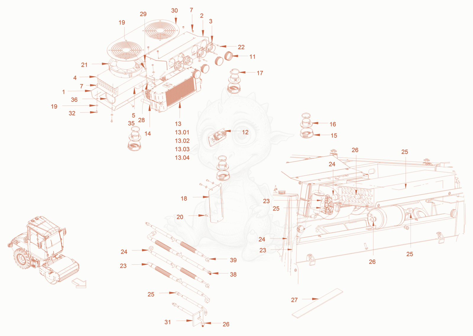Exploded parts diagram of the air conditioning of a Wacker Neuson RC70PUS, with numbered balloons