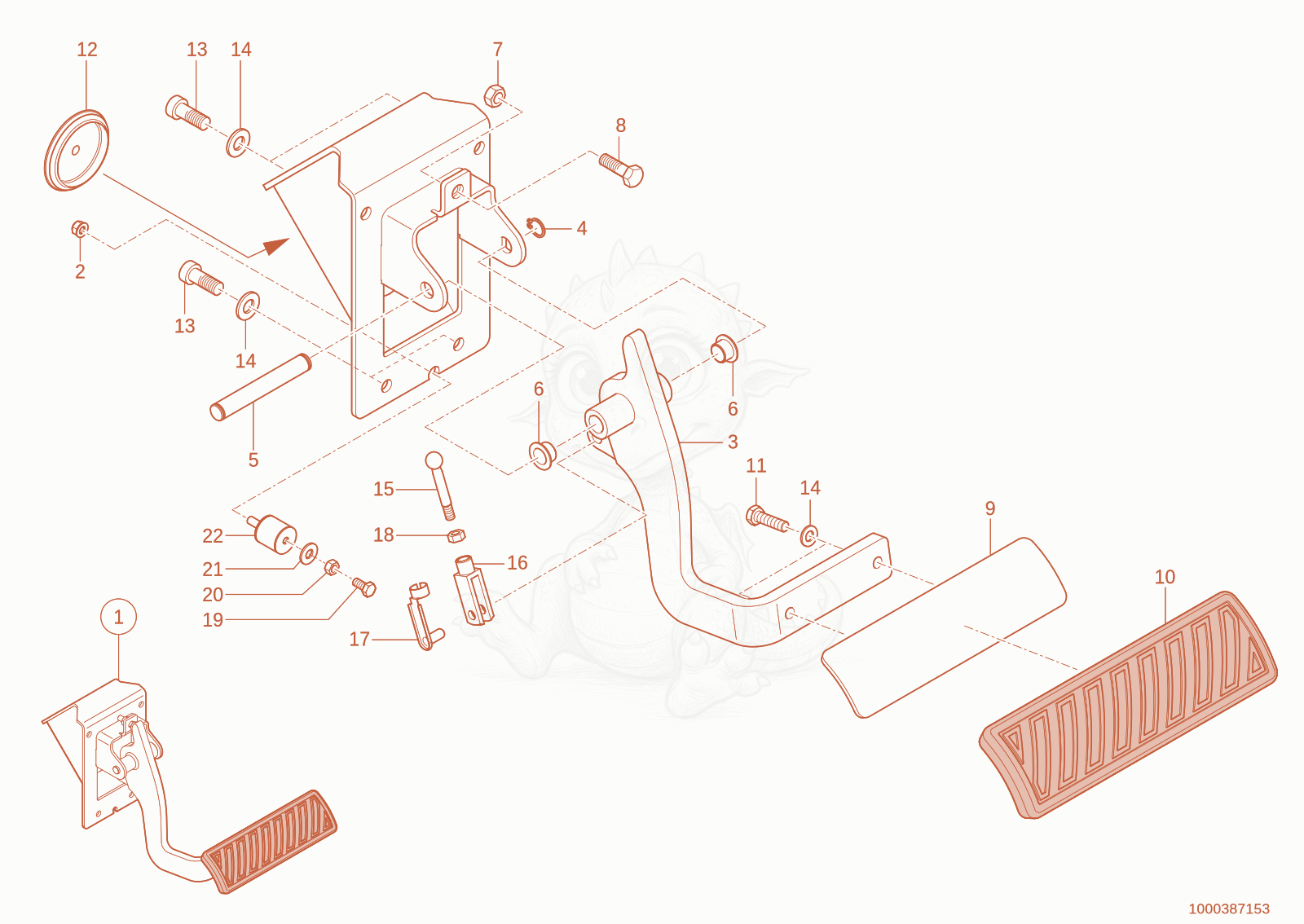 Despiece del brake pedal de una máquina Wacker Neuson TH942(416-39), con globos numerados