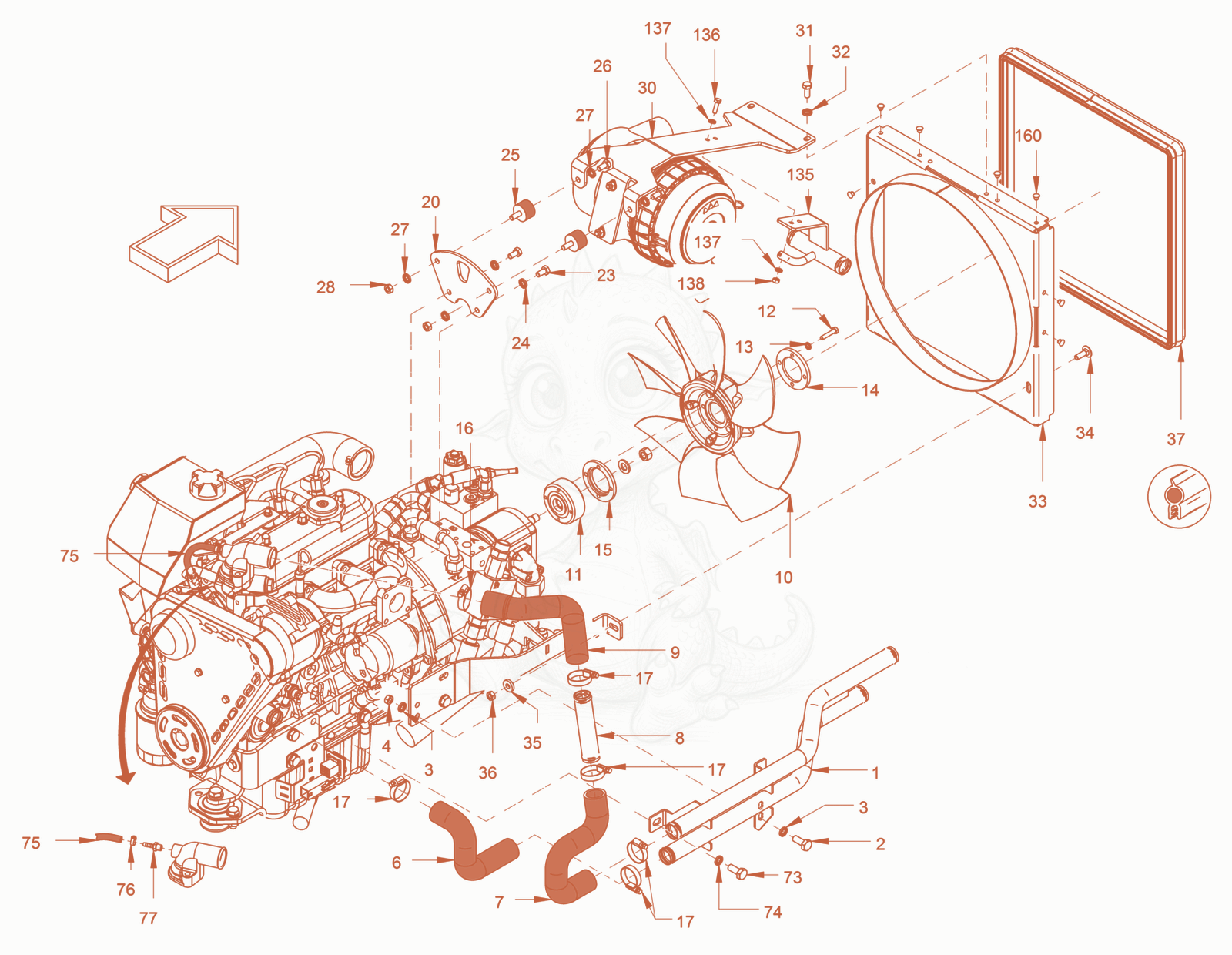 Exploded parts diagram of the cooling of a Wacker Neuson RD18-80SE, with numbered balloons