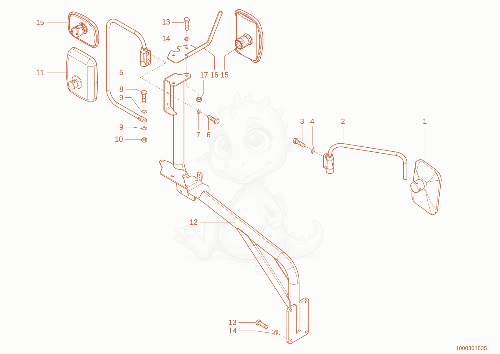 Exploded parts diagram of the rearview mirror of a Wacker Neuson TH730(415-04), with numbered balloons