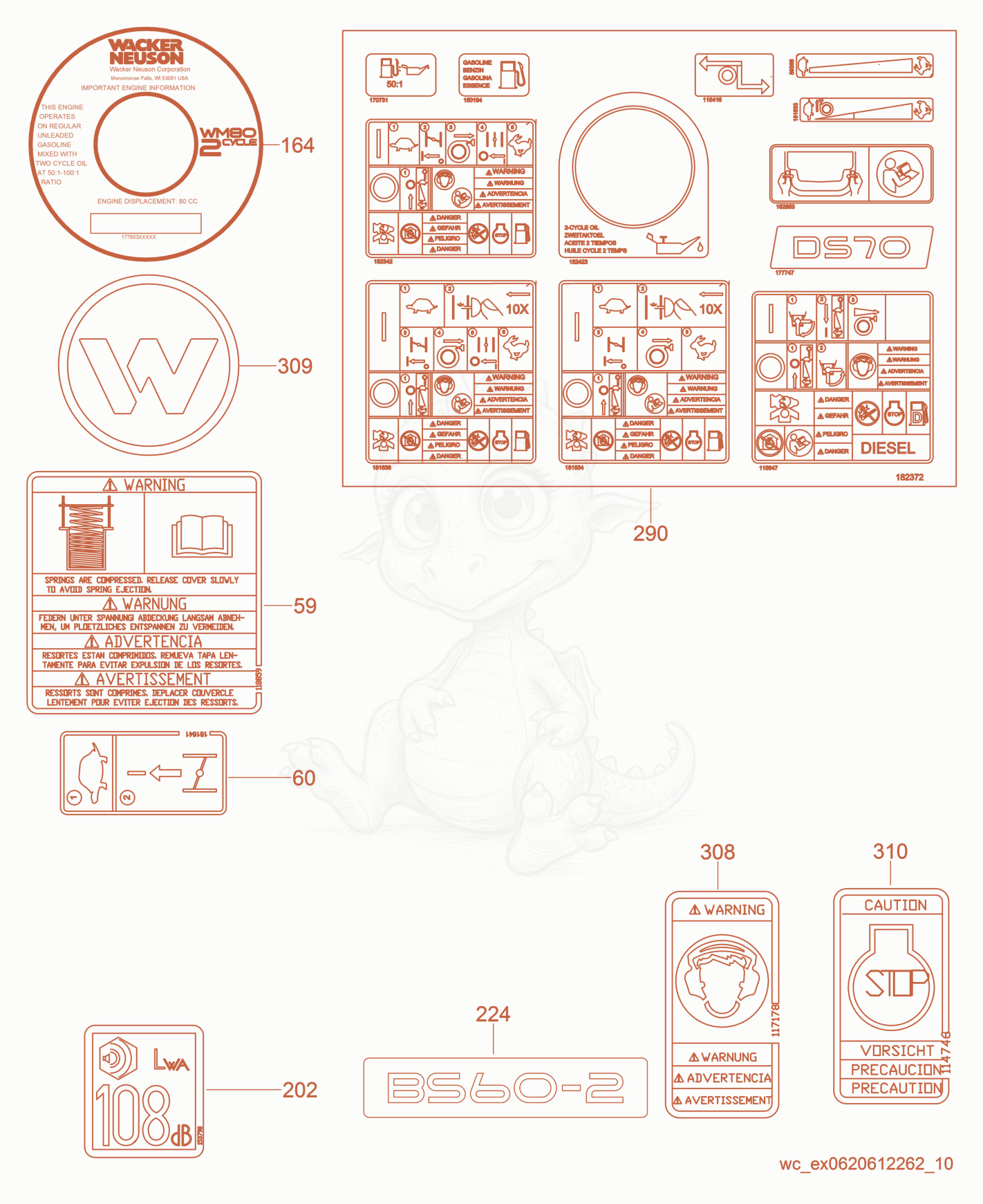 Exploded parts diagram of the Labels of a Wacker Neuson BS60-2, with numbered balloons