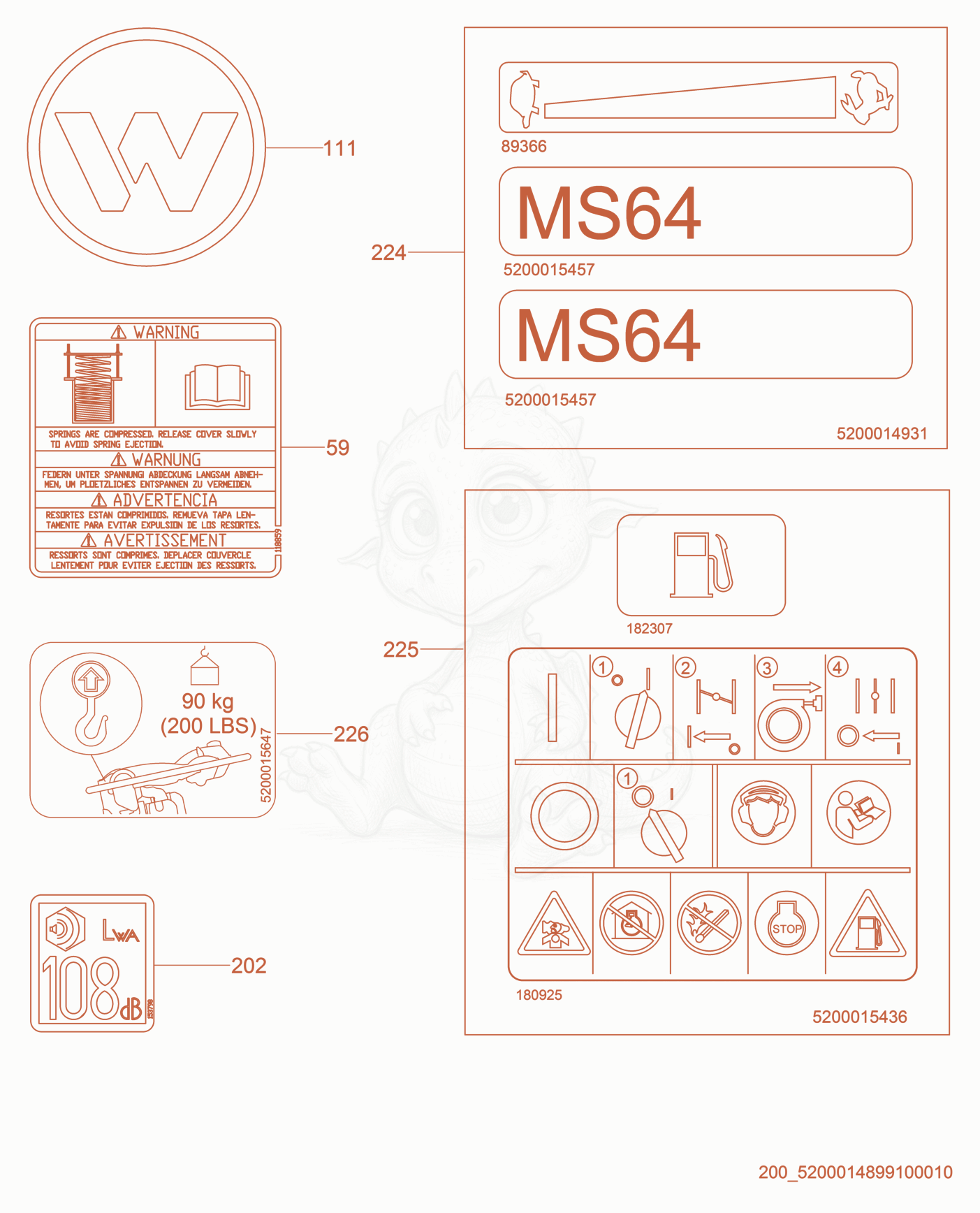 Exploded parts diagram of the Labels of a Wacker Neuson MS64A, with numbered balloons