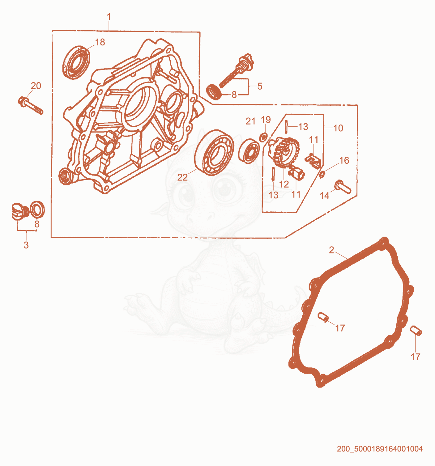 Exploded parts diagram of the Crankcase Cover of a Wacker Neuson PT3A, with numbered balloons