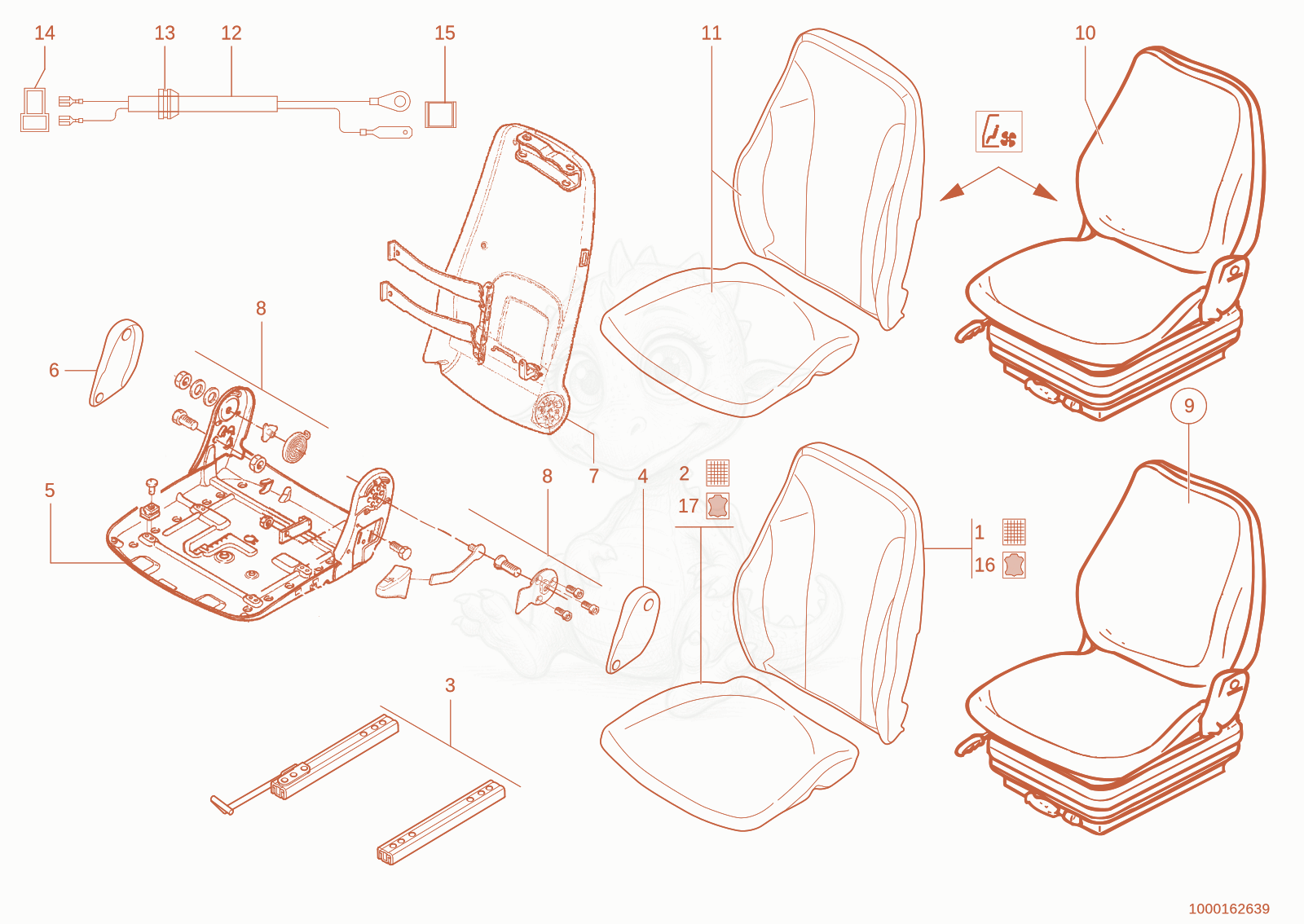Exploded parts diagram of the Driver's seat Comfort of a Wacker Neuson 1150, with numbered balloons