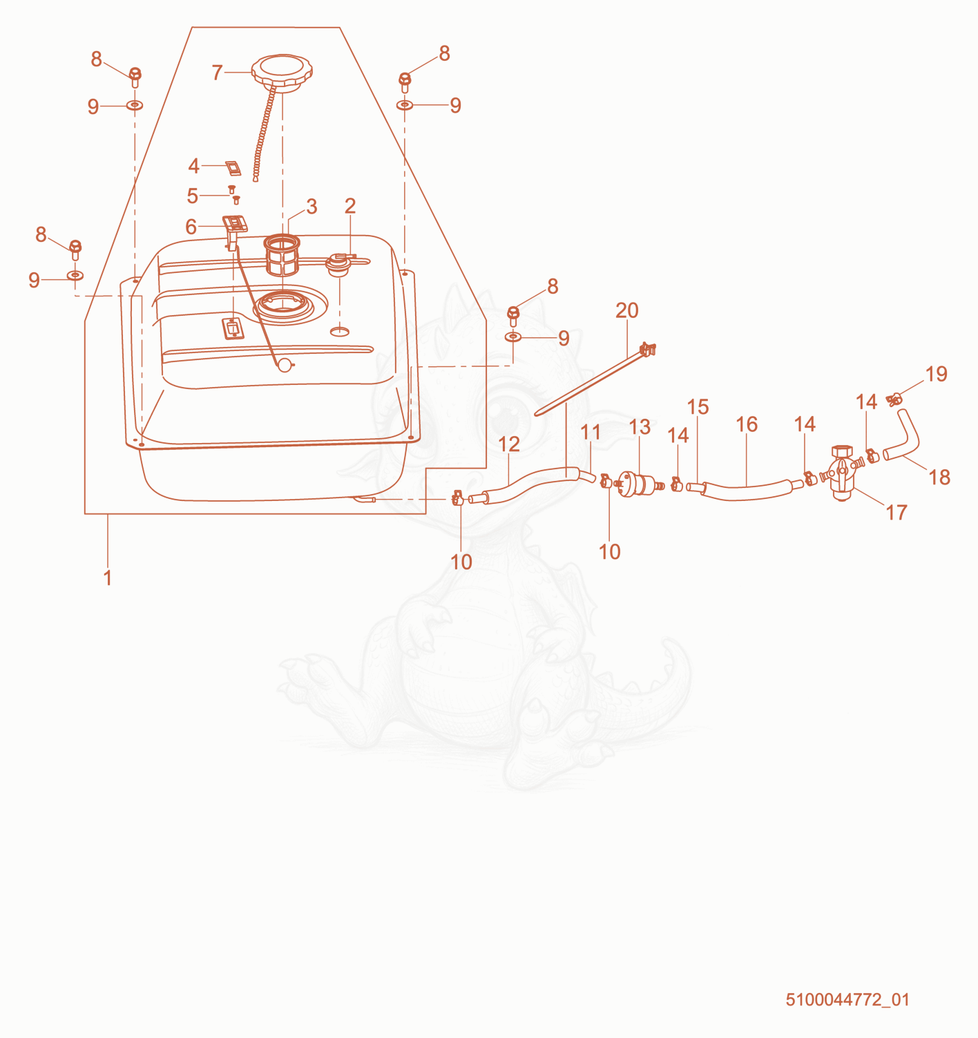 Exploded parts diagram of the Fuel Tank cpl. of a Wacker Neuson GPS9700A, with numbered balloons