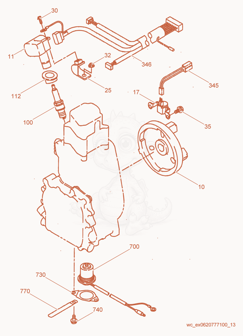 Exploded parts diagram of the Flywheel/Ignition Coil of a Wacker Neuson GPI1700, with numbered balloons