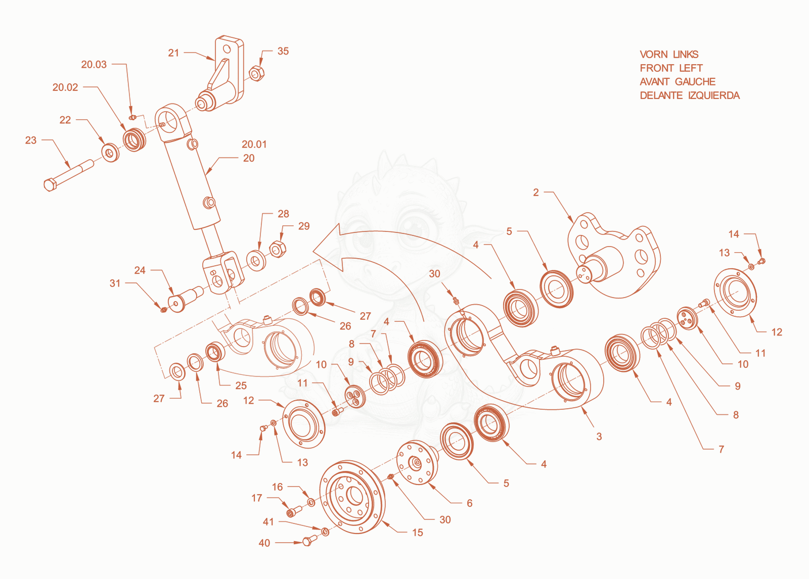 Exploded parts diagram of the edge pressing and cutting device of a Wacker Neuson RD40-130, with numbered balloons