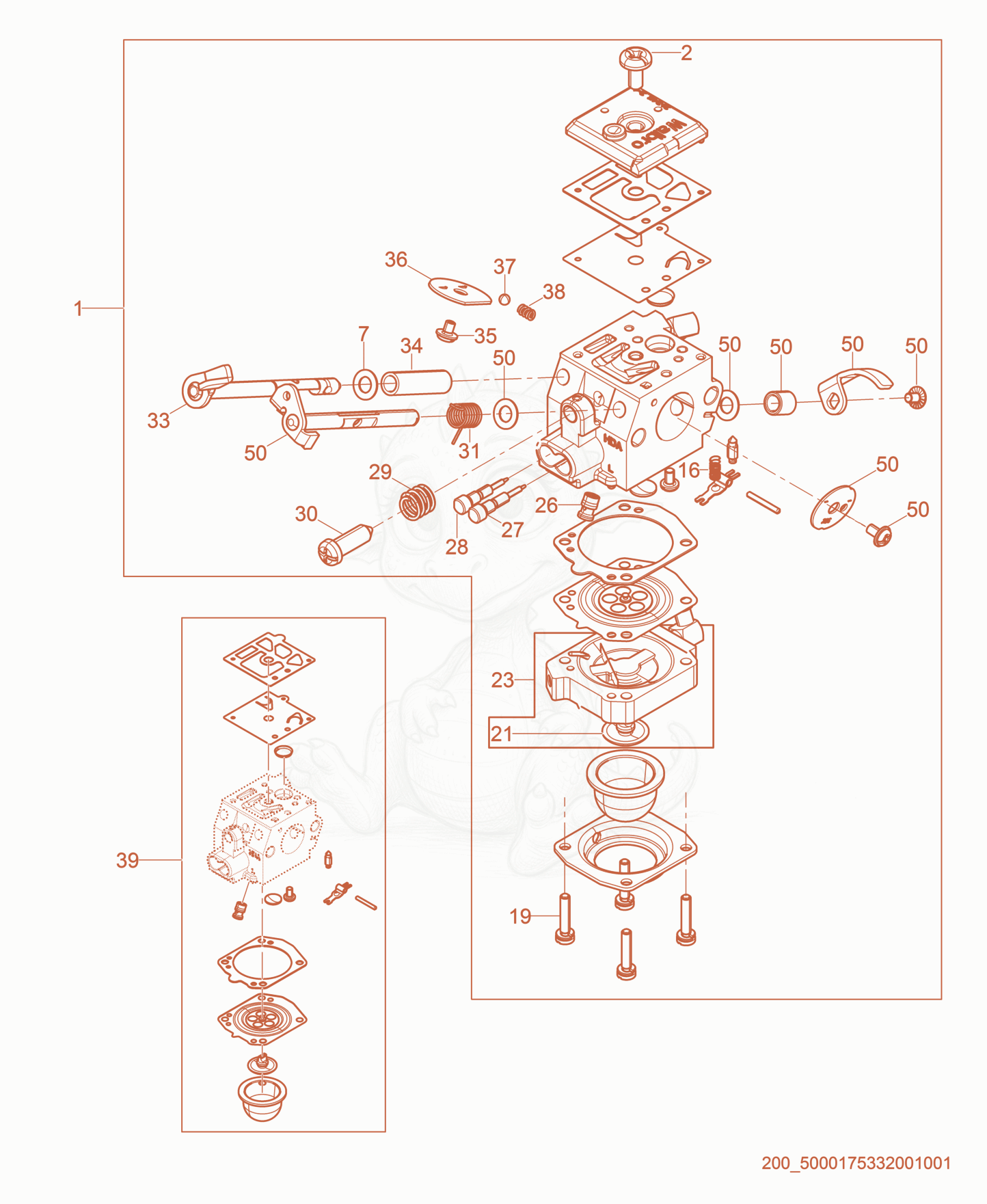 Exploded parts diagram of the Carburetor cpl. of a Wacker Neuson MS62, with numbered balloons