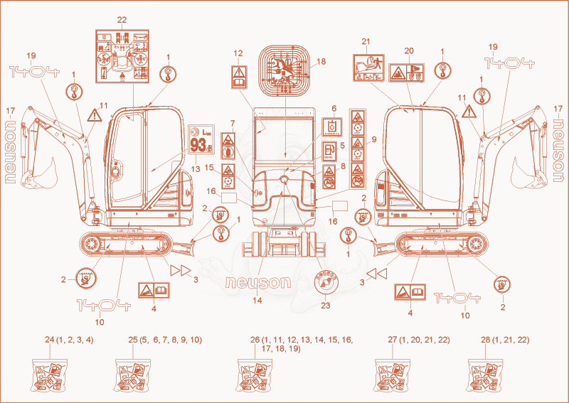 Exploded parts diagram of the sticker of a Wacker Neuson 1404, with numbered balloons