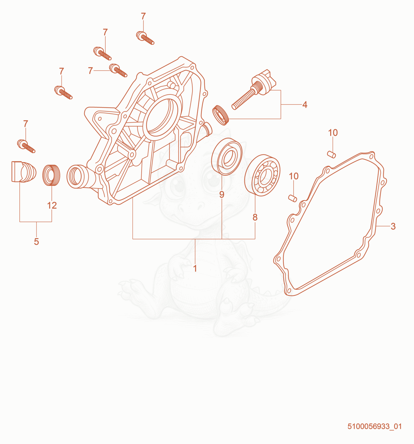Despiece del Crankcase Cover cpl. de una máquina Wacker Neuson PDT3A, con globos numerados