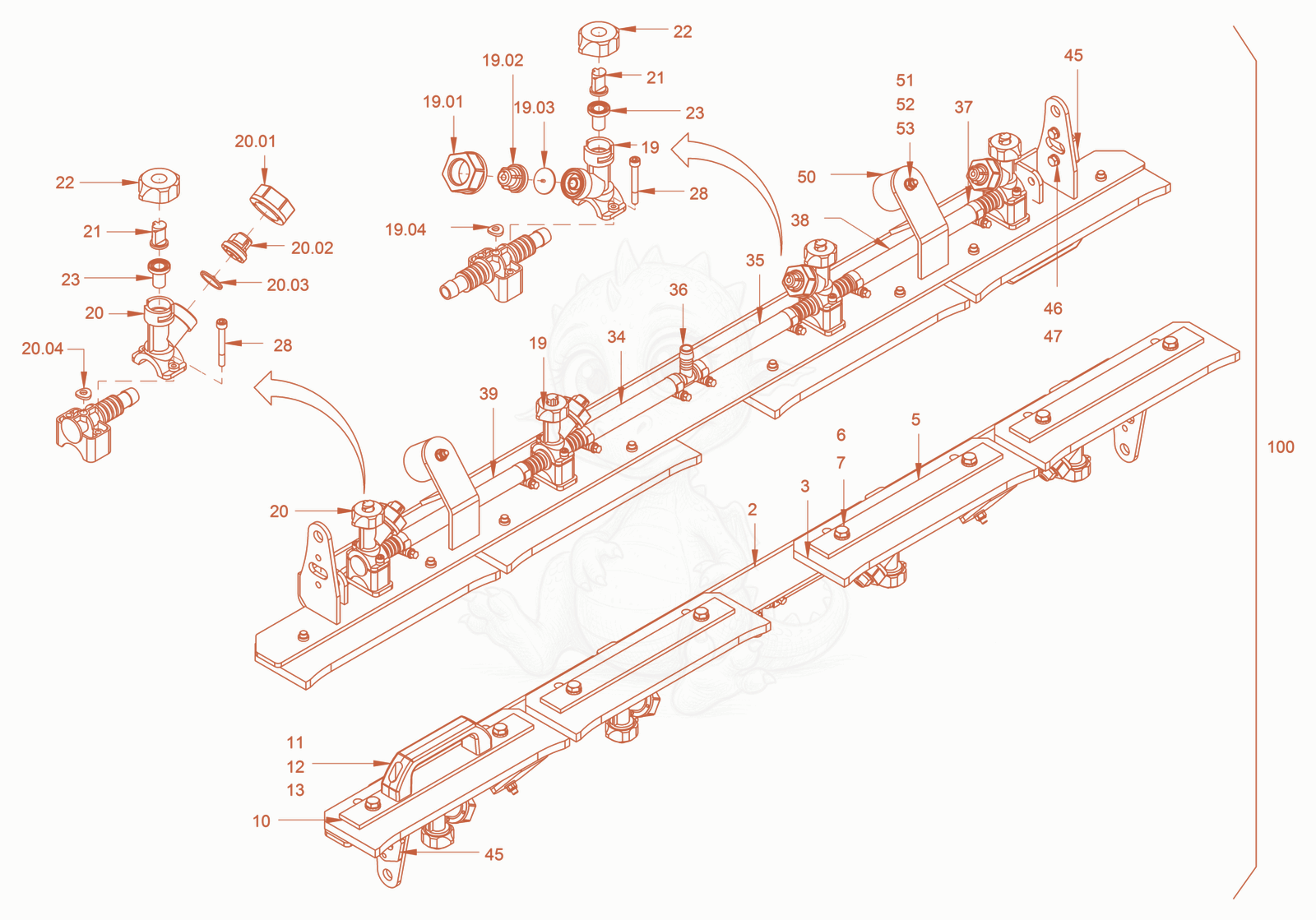 Exploded parts diagram of the additive sprinkling of a Wacker Neuson RD45-140, with numbered balloons