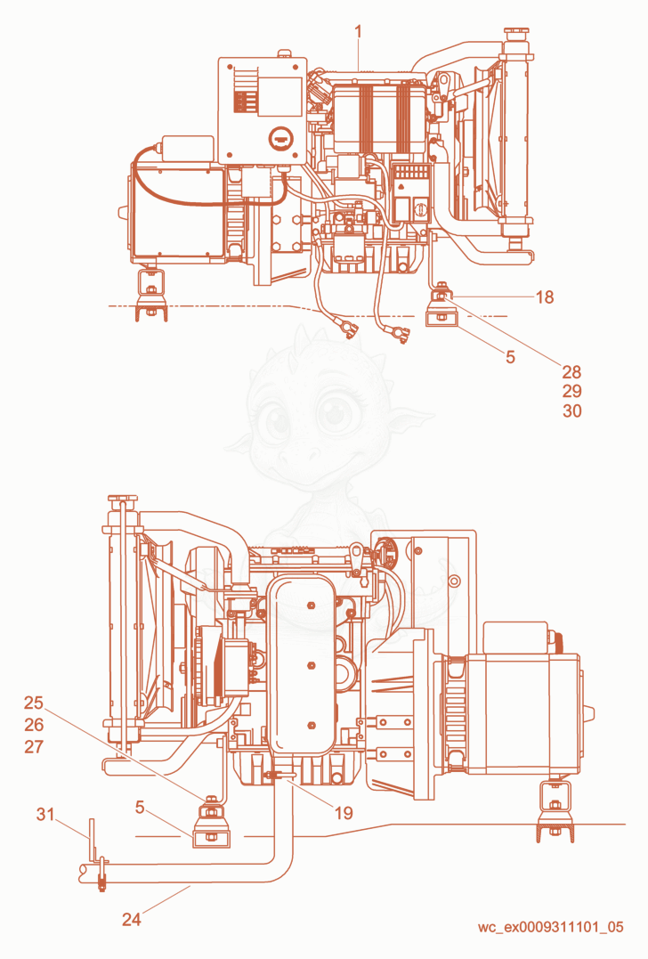 Exploded parts diagram of the Engine Support/Exhaust Pipe of a Wacker Neuson LTC4L, with numbered balloons