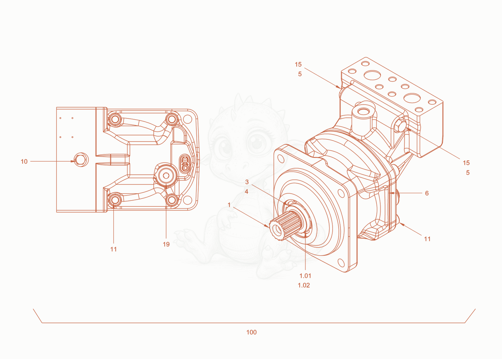 Exploded parts diagram of the constant motor (vibration drive) of a Wacker Neuson RC110ROPS, with numbered balloons