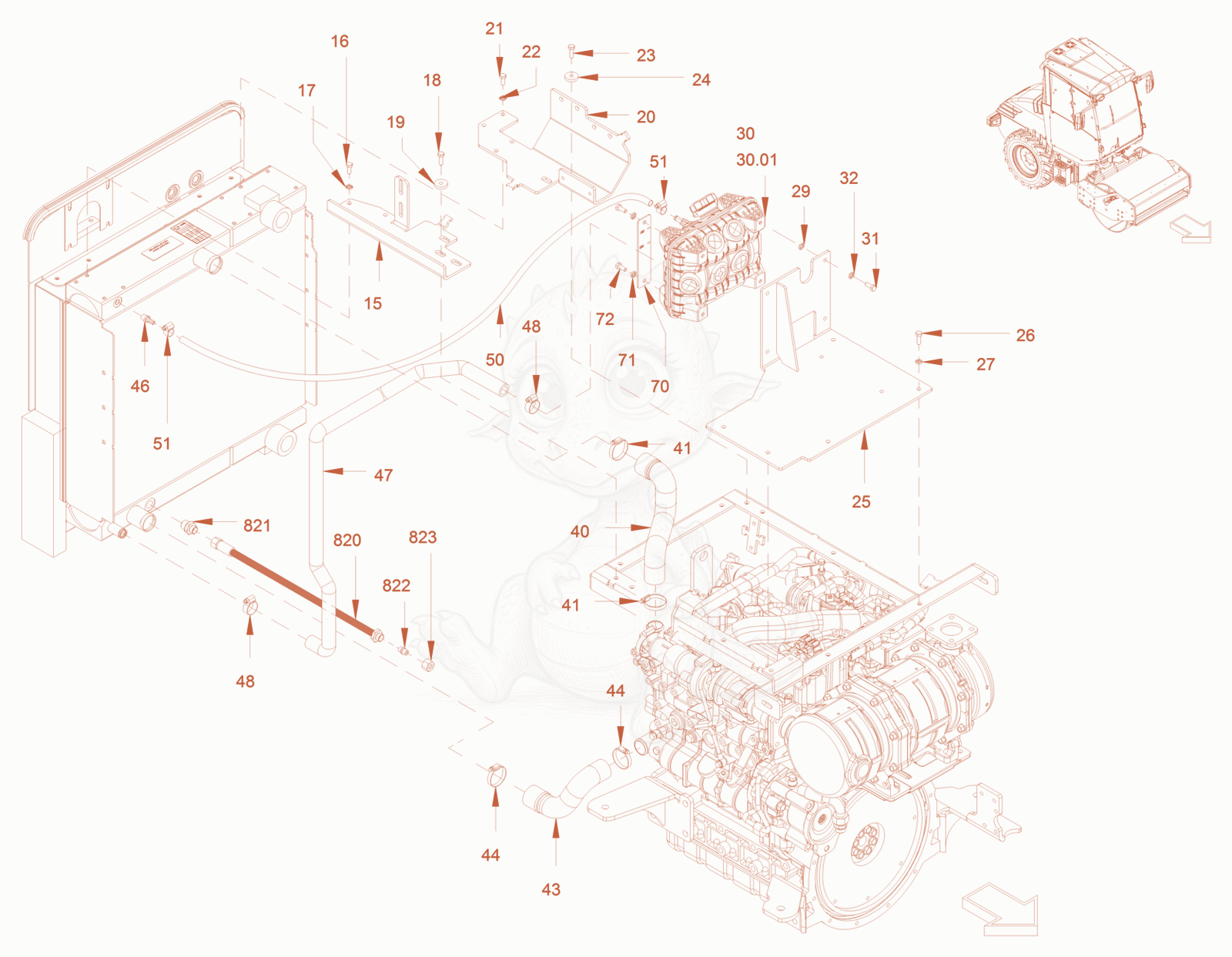 Exploded parts diagram of the cooling (engine/hydraulic oil) of a Wacker Neuson RC50P, with numbered balloons