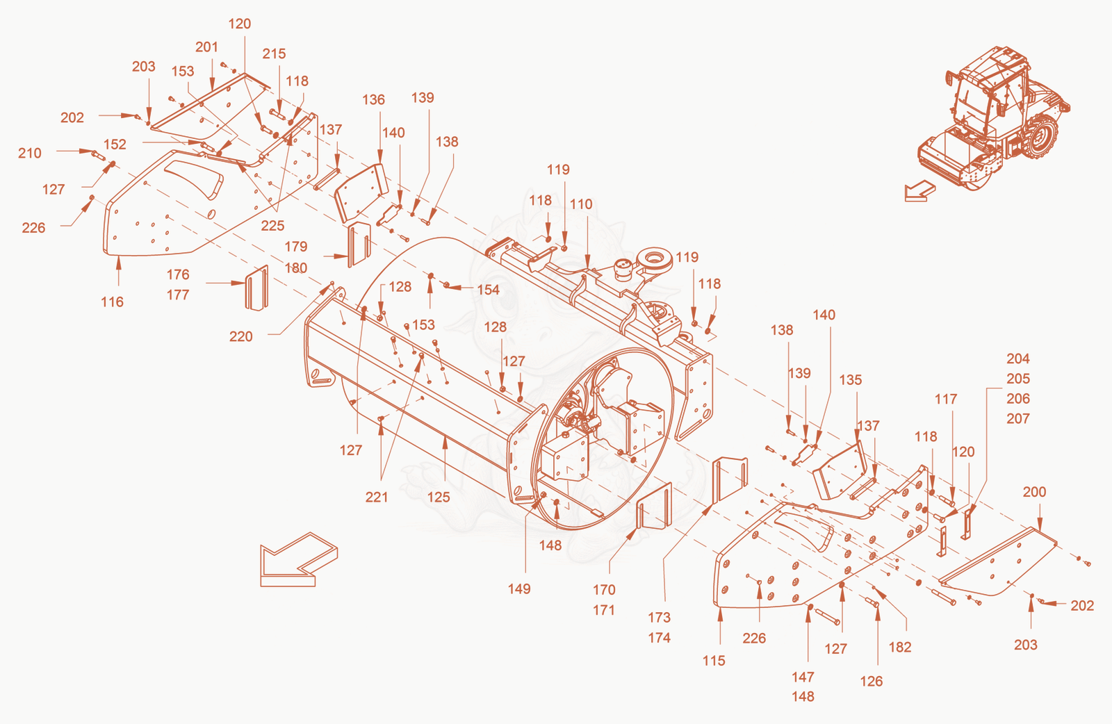 Exploded parts diagram of the Main Frame and Assemblies of a Wacker Neuson RC50US, with numbered balloons