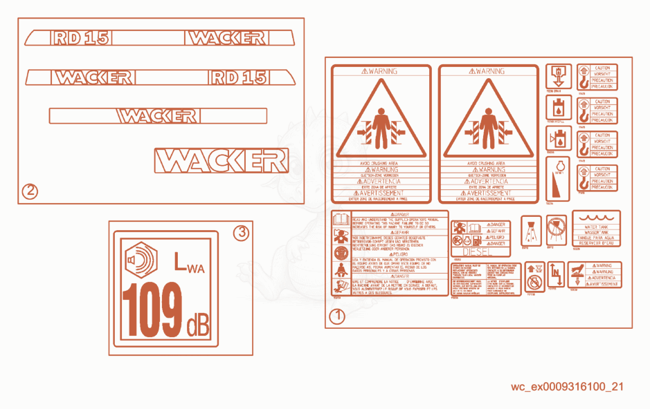 Despiece del Labels de una máquina Wacker Neuson RD15, con globos numerados