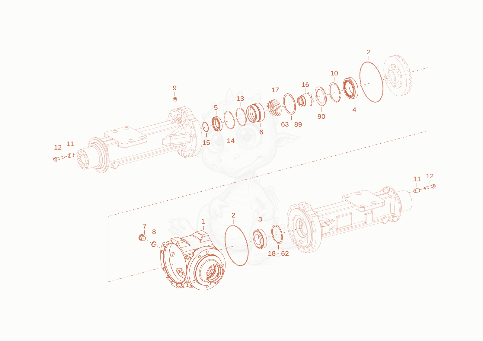 Exploded parts diagram of the axle pipe of a Wacker Neuson WL34, with numbered balloons