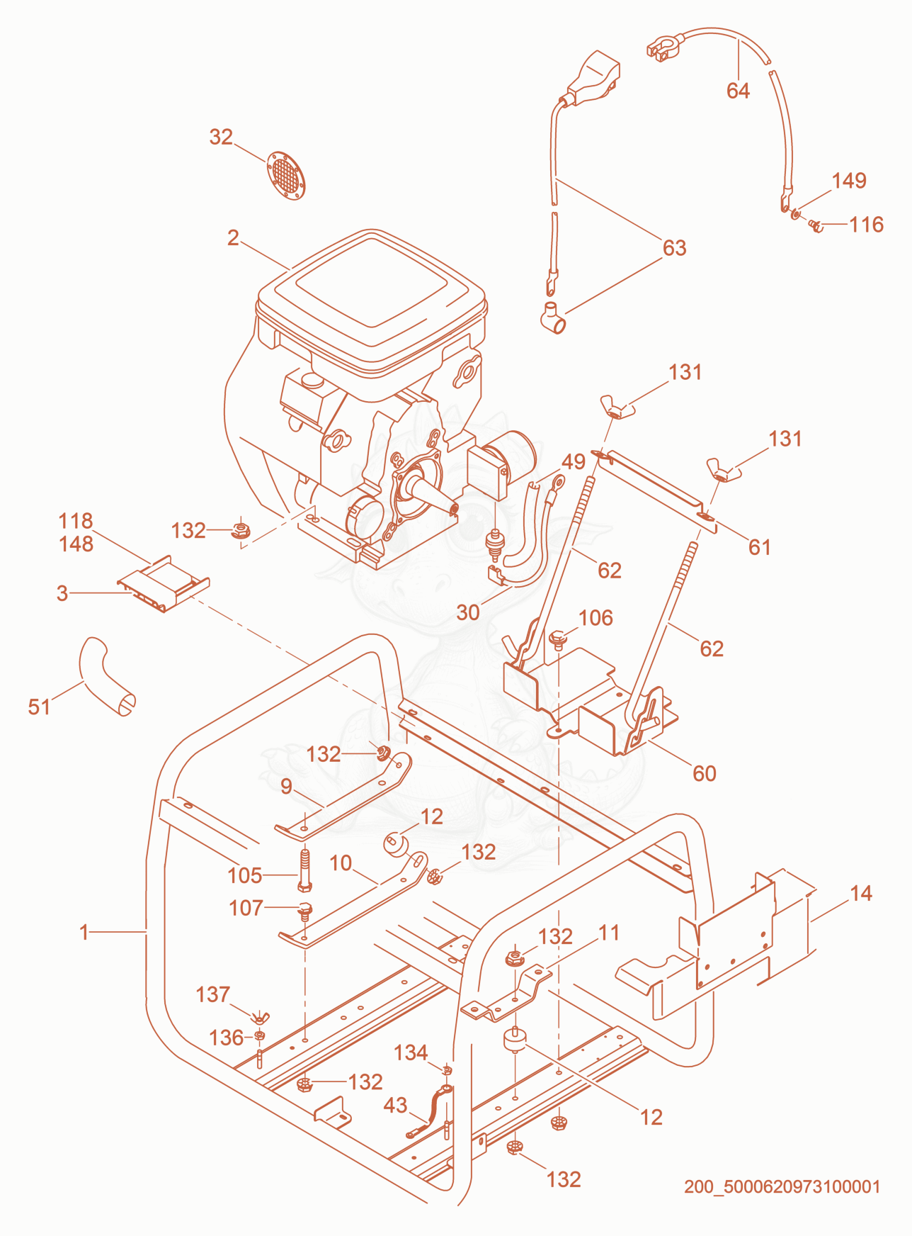 Exploded parts diagram of the Frame/Engine of a Wacker Neuson GPS9700, with numbered balloons