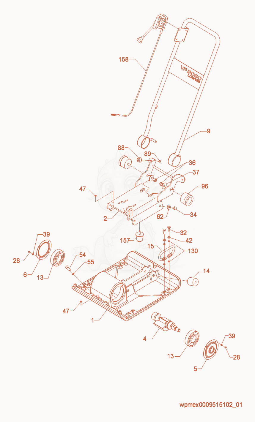 Exploded parts diagram of the Baseplate/Console cpl. of a Wacker Neuson VP2050R, with numbered balloons