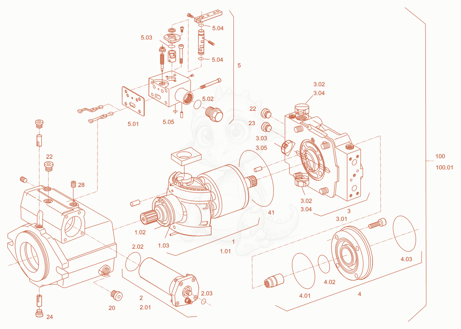 Exploded parts diagram of the variable displac. pump (drive) of a Wacker Neuson RD18-100.3, with numbered balloons
