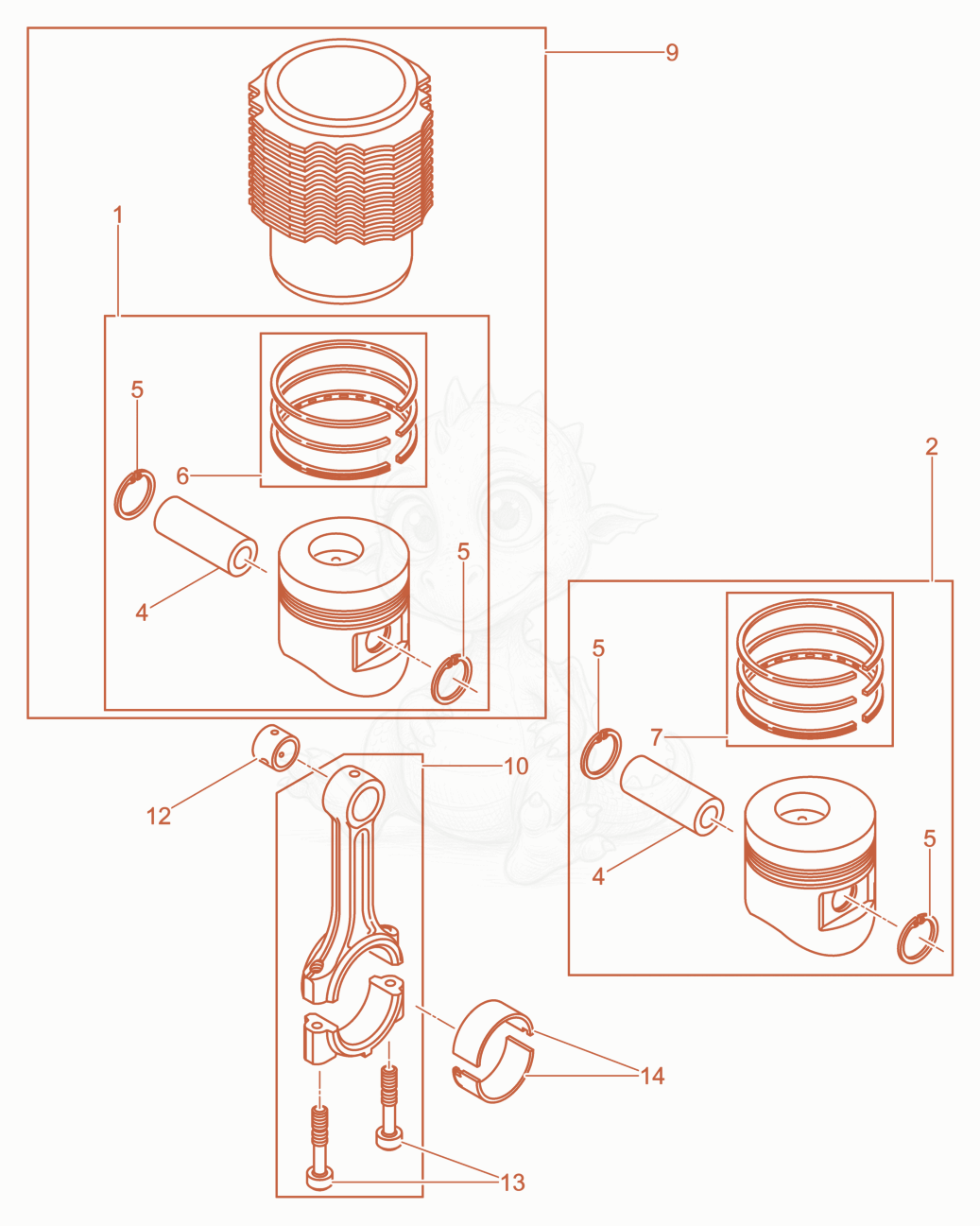 Exploded parts diagram of the Piston, Connecting rod,Cylinder of a Wacker Neuson DPU5545HEH, with numbered balloons