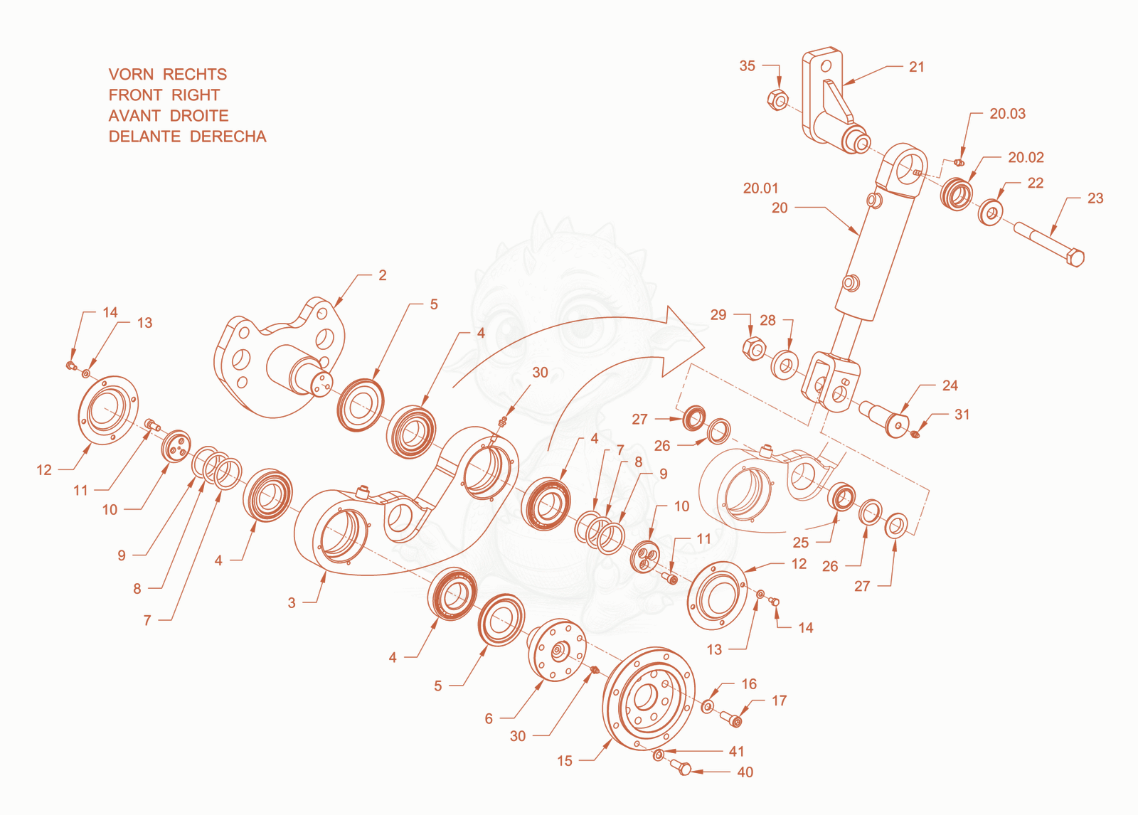 Exploded parts diagram of the edge pressing and cutting device of a Wacker Neuson RD45-140, with numbered balloons