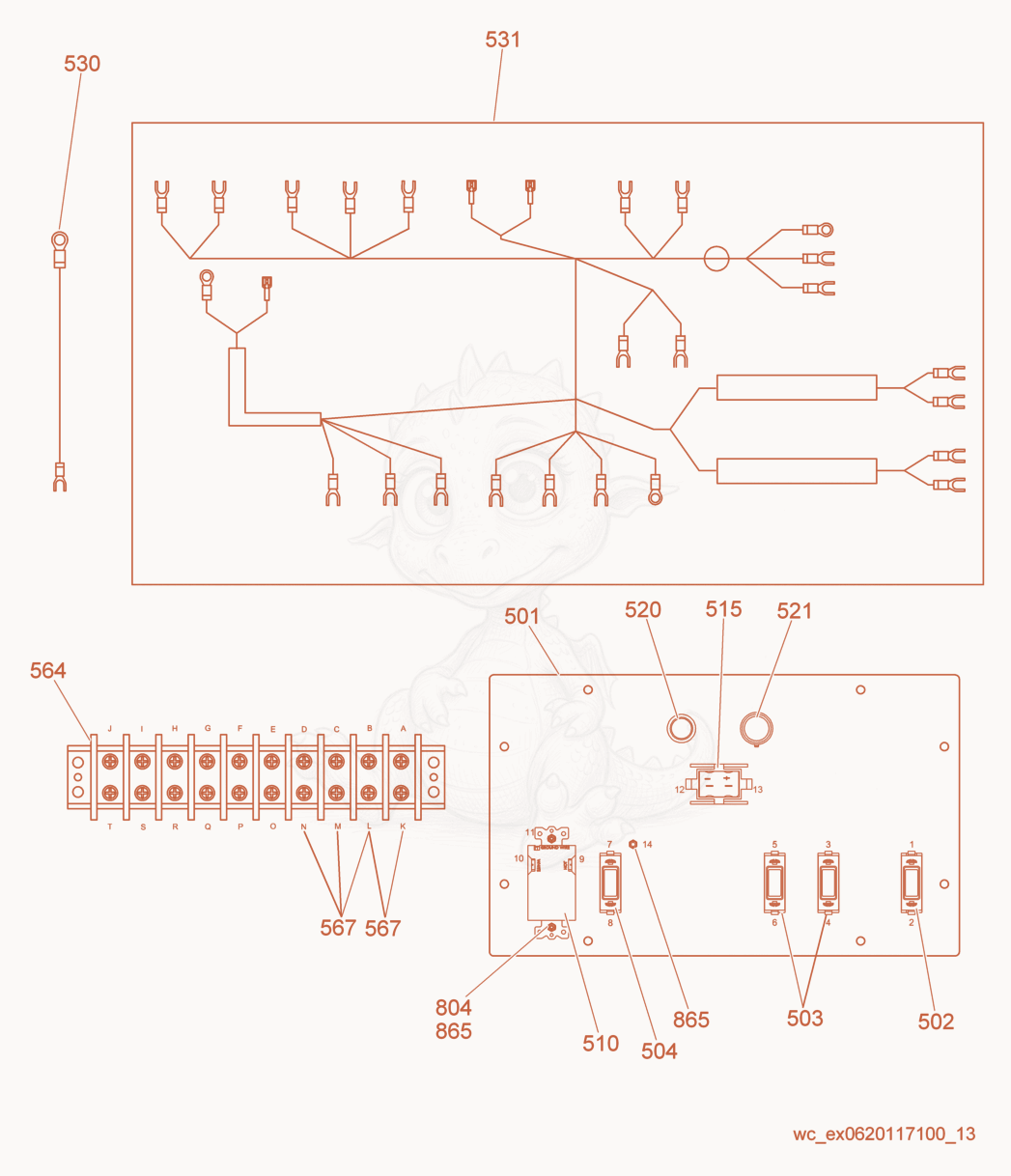 Despiece del Wiring Harness/Control Panel de una máquina Wacker Neuson LTN6L, con globos numerados