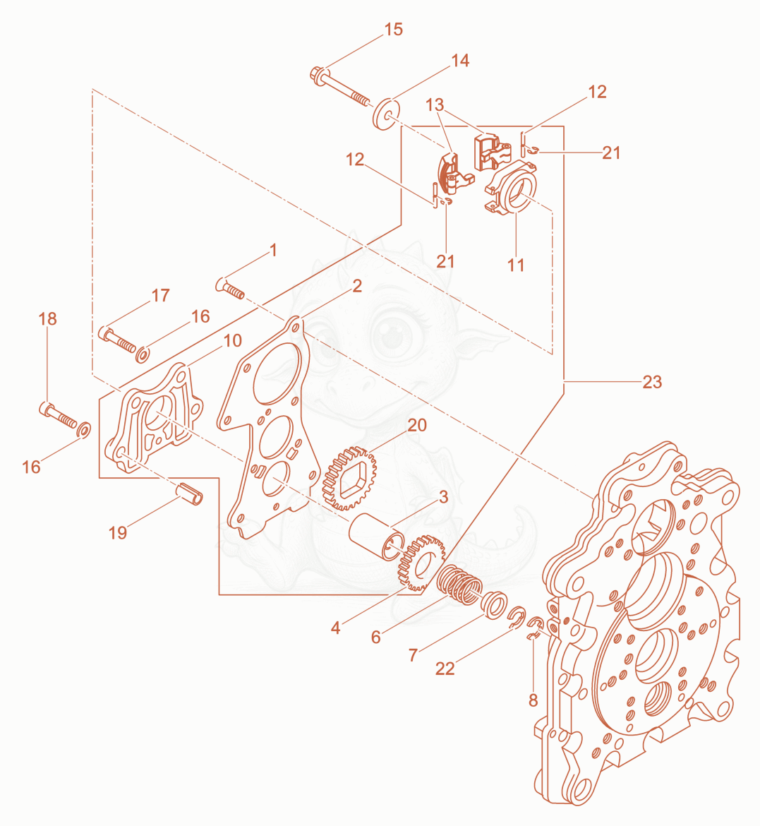 Exploded parts diagram of the Oil pump, Governor of a Wacker Neuson DPU4545HEH, with numbered balloons