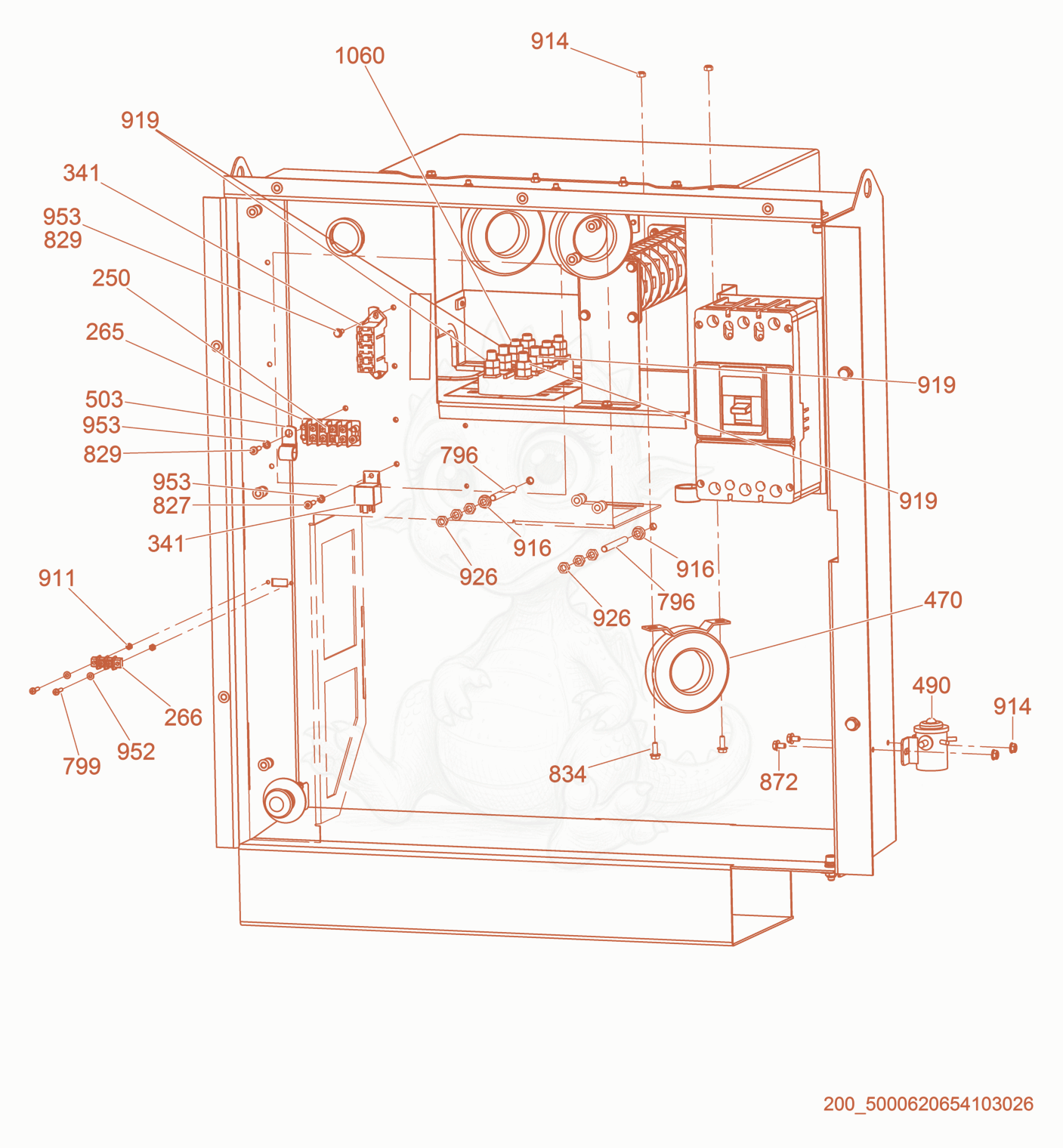 Exploded parts diagram of the Transformer/Fuse Block/Relay of a Wacker Neuson G100, with numbered balloons