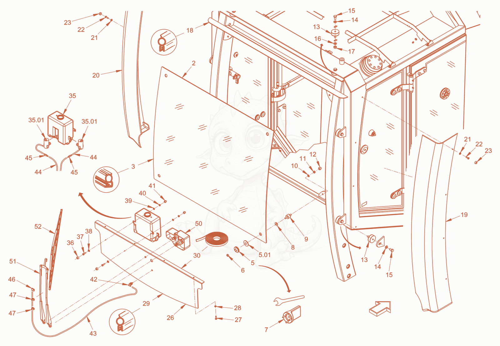 Exploded parts diagram of the driver's cabin of a Wacker Neuson RD40-130CDPF, with numbered balloons