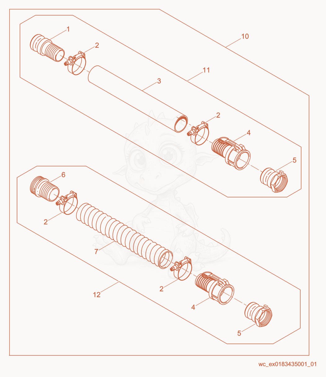 Despiece del Pump Hose Kit de una máquina Wacker Neuson PDT3A, con globos numerados