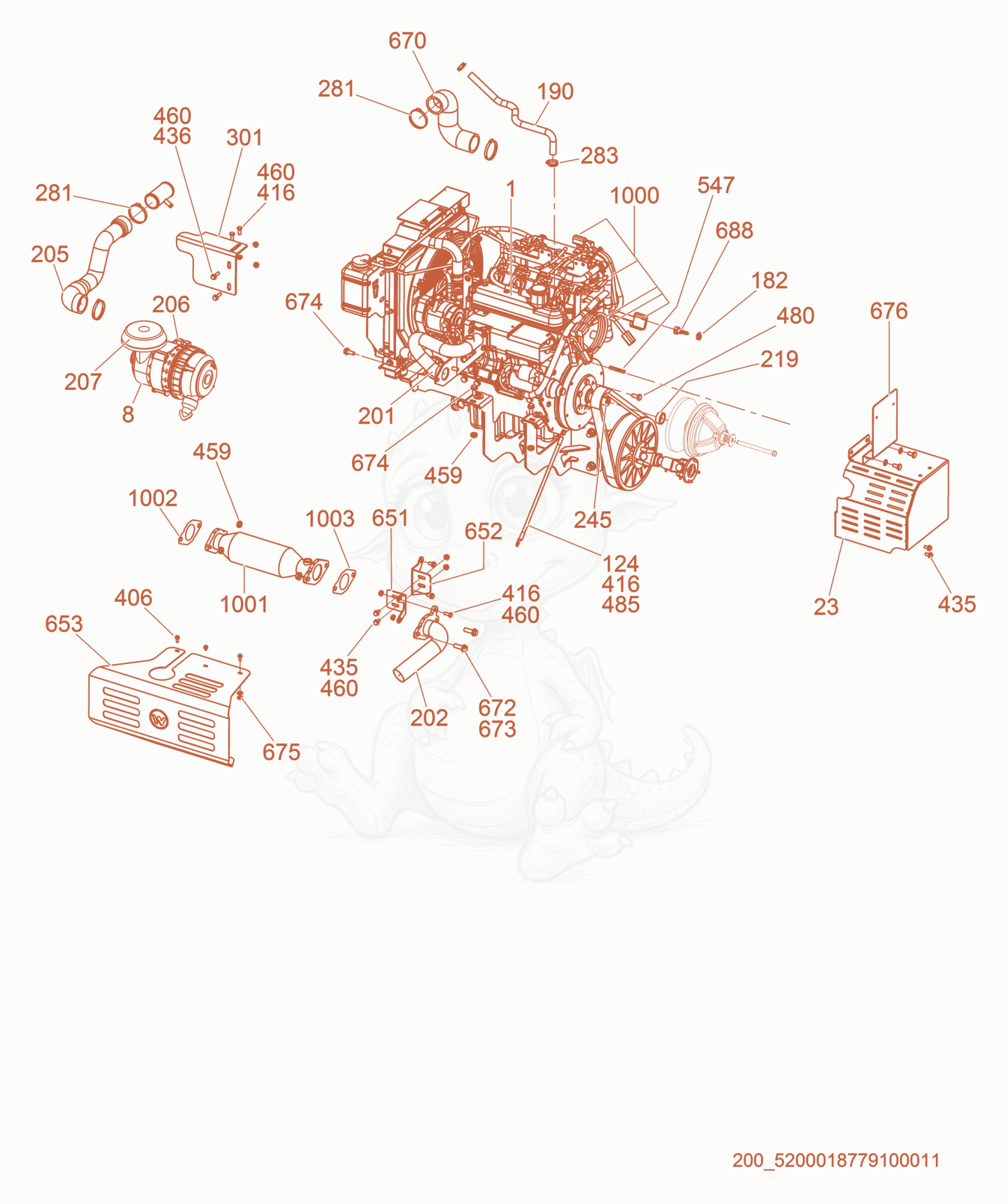 Despiece del Intake/Exhaust de una máquina Wacker Neuson CRT48-57K-MS, con globos numerados