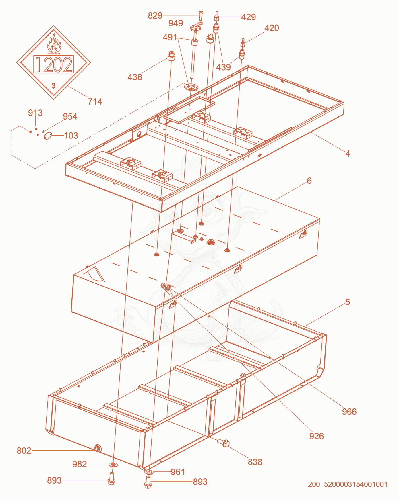 Exploded parts diagram of the Option-Skid/Fuel Tank cpl. of a Wacker Neuson G240, with numbered balloons